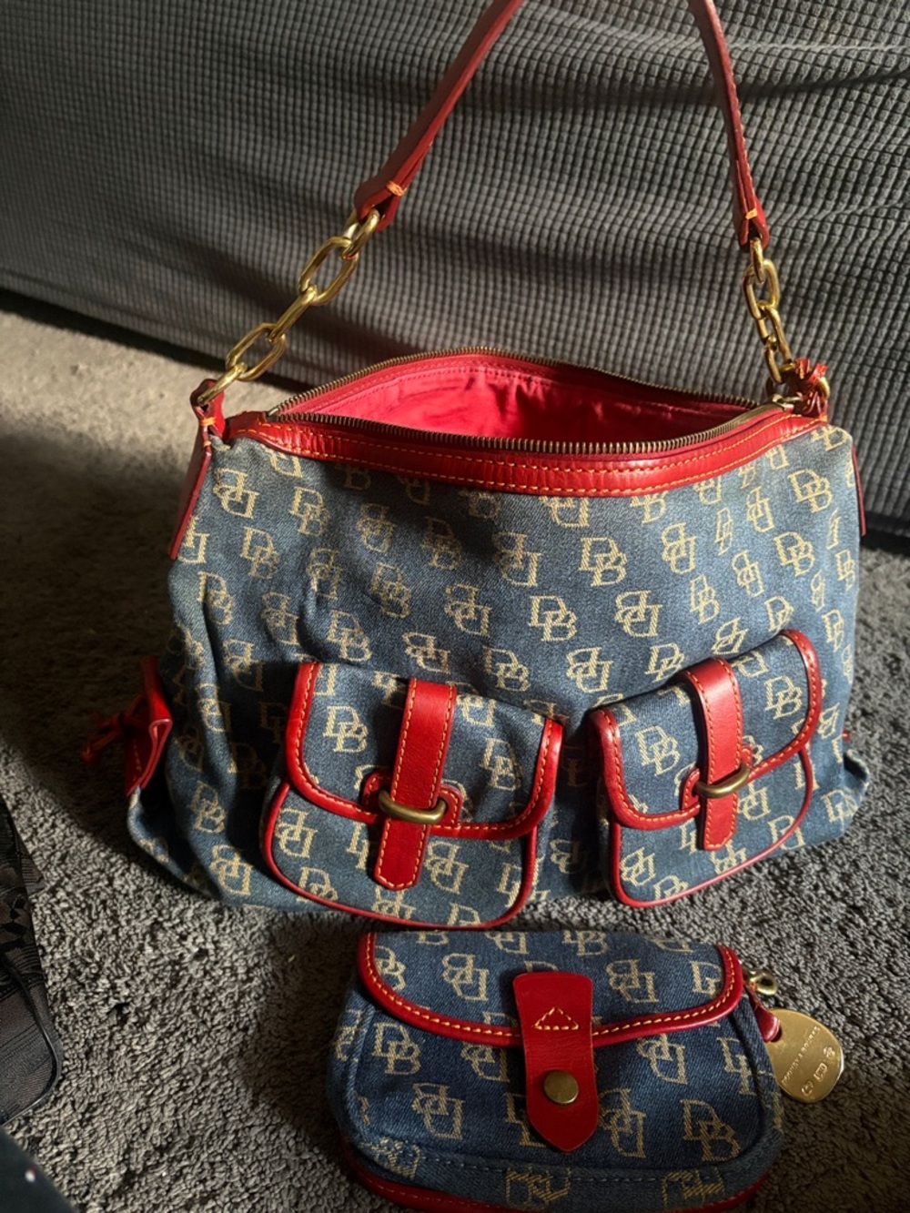 Dooney & Bourke Blue Monogram Shoulder Bag with Red Trim